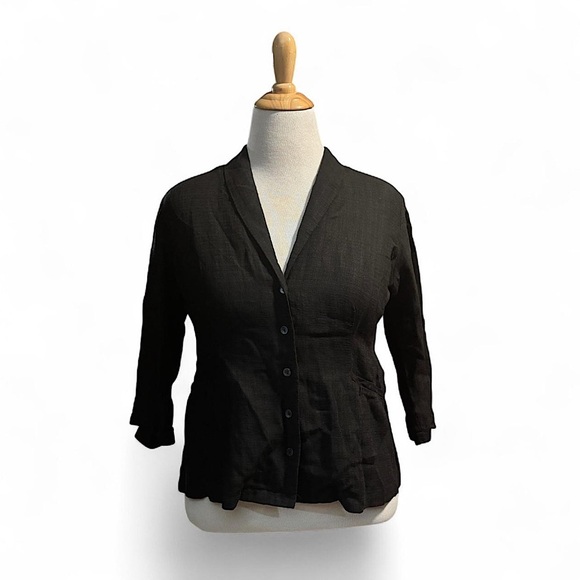 Eileen Fisher Petite PM Black Blazer Jacket Linen Blend Lightweight 3/4 Sleeve - Picture 5 of 6